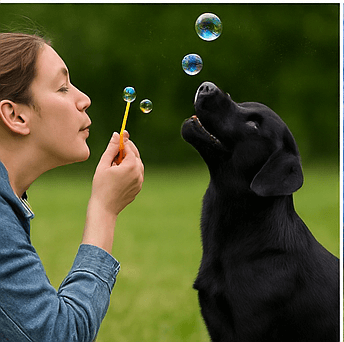 Cane che gioca con bolle di sapone