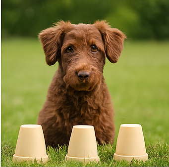 Cane che fa il gioco dei bicchieri